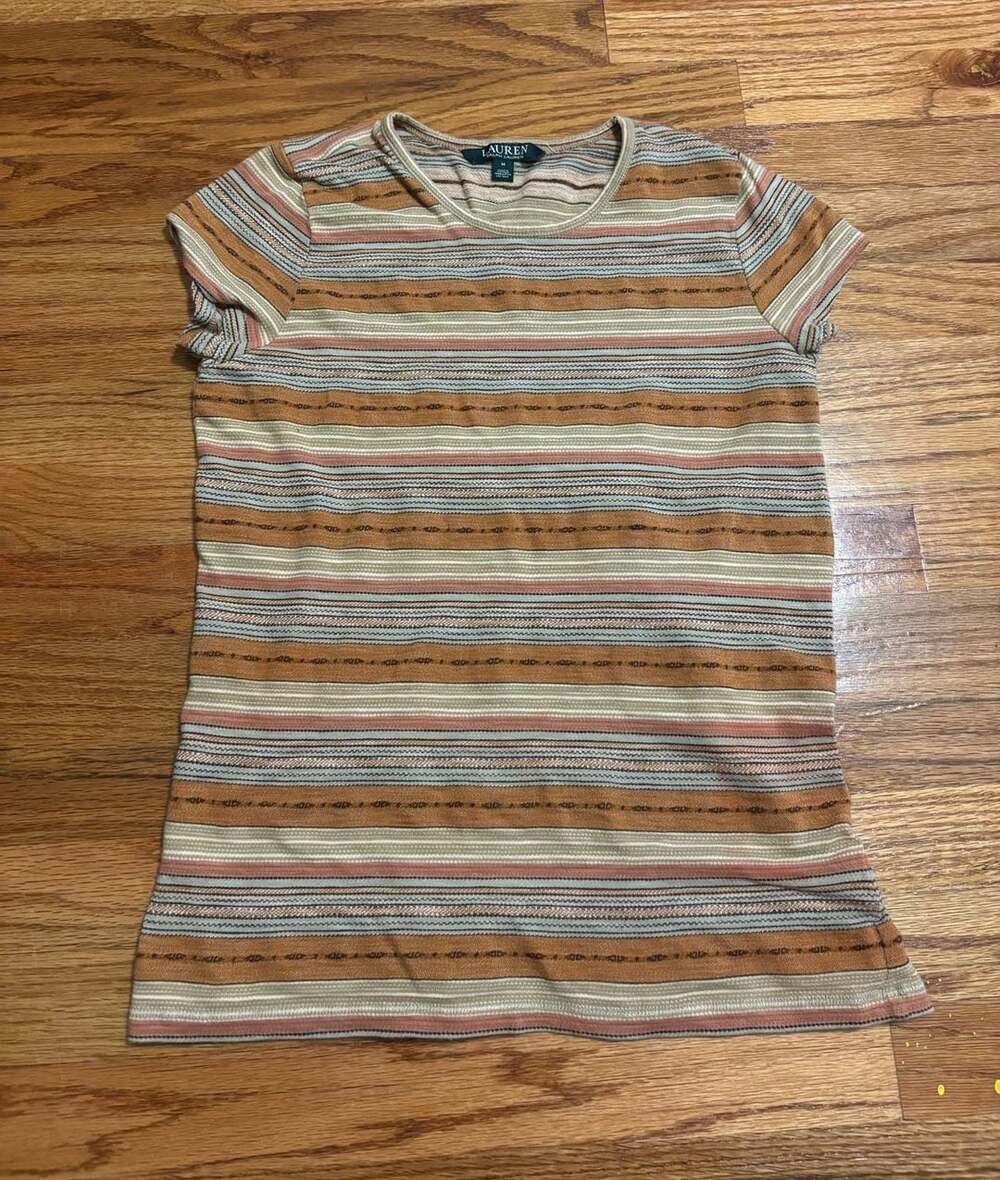 Lauren Ralph Lauren Women's Brown Striped Short Sleeve Knit T-Shirt Size M